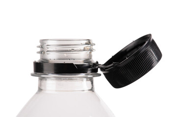 New cap attached to the plastic bottle and connected to the bottle neck with a solid cap attached to the safety ring. New solution supporting the recycling of plastic waste.