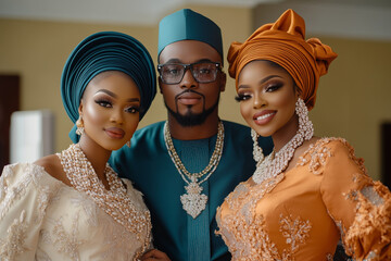 A stunning Nigerian wedding portrait featuring a groom and two elegantly dressed women in traditional attire, adorned with exquisite jewelry and stylish gele headpieces.