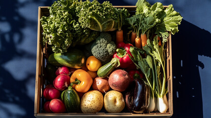 A box filled with fresh, healthy vegetables like cabbage, onion, celery, and potato, tomato, alongside a variety of fruits