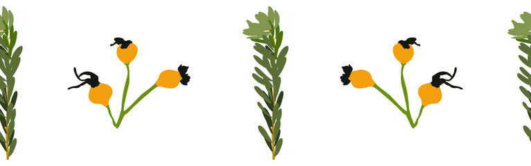 Floral border, berries and leaves on a white background. Hand-drawn illustration. Perfect for spring and summer.