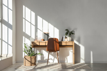 Modern workplace with books, houseplants and chair in light office