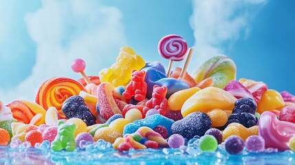 Colorful candy pile, summer sky background, sweet treats, food photography