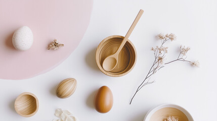 A minimalist zero-waste Easter scene featuring wooden eggs, dried flowers, and recycled materials in warm natural light