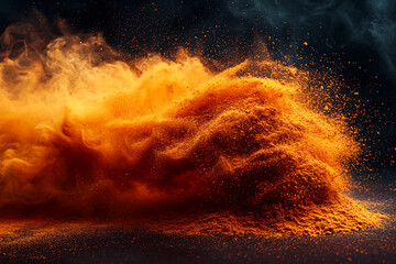 Fototapeta premium Paprika explosion creates a vibrant, fiery spice cloud of orange and red, with delicate tendrils of powder swirling, capturing the dynamic movement of the spice burst.