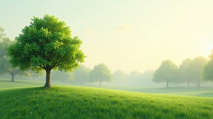 Fototapeta premium Serene Sunrise A solitary tree stands gracefully on a verdant hill, bathed in the soft glow of the morning light, surrounded by a tranquil landscape of gently rolling hills and a hazy horizon.