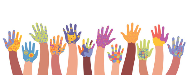 Group of raised and painted hands of multicultural children