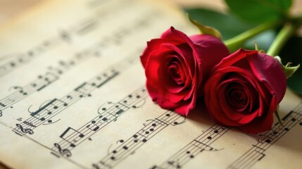 A Symphony of Romance Two Velvet Red Roses Resting Gently Upon Antique Sheet Music