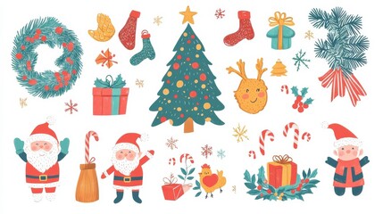 Xmas items set. Christmas tree, Santa with gifts, elves. Festive wreath, candy canes, gingerbreads. New year decorations. Winter holiday decor. Flat isolated vector illustration on white background. 