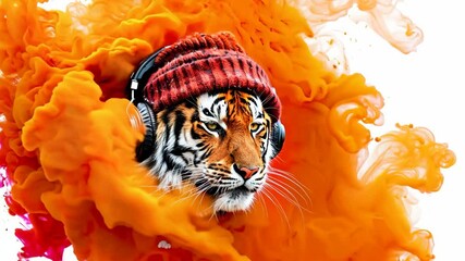 Creative illustration of a tiger wearing headphones and a beanie, surrounded by bold orange smoke, symbolizing urban style and music culture..