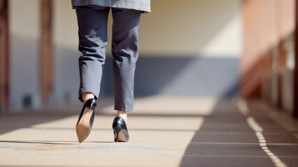 A woman wearing black high heels walks down a hallway. Concept of elegance and sophistication, as the woman's attire and posture suggest that she is attending a formal event or going to work