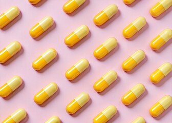 Pastel Pink Background with Yellow Pill Silhouette Pattern - Medical Stock Photo