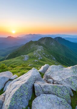 Mountain Vista Overlook with Sunrise Displaying Verdant Ridges and Rocky Outcroppings at Dawn