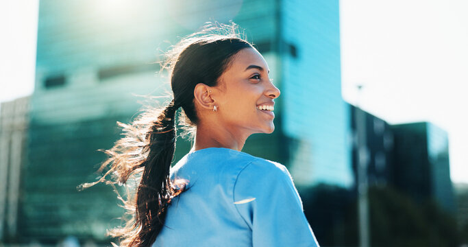 Smile, woman and nursing student in city for medical study, planning and ideas for healthcare opportunity. Thinking, person and morning commute with nurse internship, academic scholarship and program