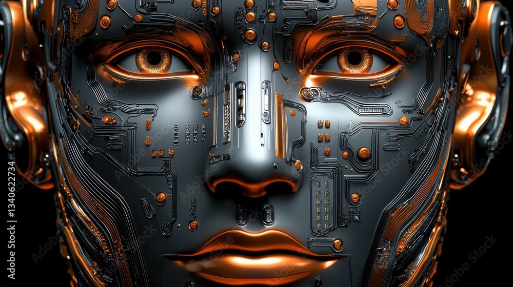 Poster close-up view of a futuristic robot face highlighting its advanced features and intricate design ele