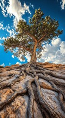 Majestic tree with exposed roots against a bright blue sky, nature strength concept