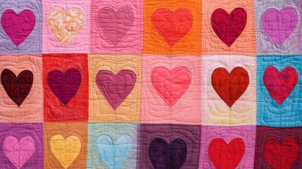 A colorful quilt featuring hearts in various shades of pink and red. illustration