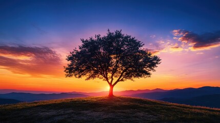 Fototapeta premium Tranquil Horizon: A Large Tree Silhouetted Against an Autumn Sunset