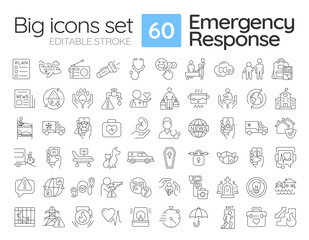 Emergency response linear icons set. Public safety and rescue service. Protection from vary dangers. Customizable thin line symbols. Isolated vector outline illustrations. Editable stroke