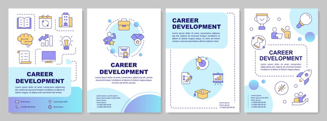 Career planning types blue gradient brochure template. Target goal. Professional growth. Leaflet design with linear icons. Editable 4 vector layouts. Arial-Bold, Myriad Pro-Regular fonts used