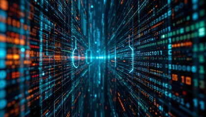 Exploring digital data streams virtual space infographic visualization futuristic environment aerial perspective