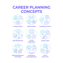 Career planning blue gradient concept icons. Self assessment, skill development. Job search. Icon pack. Vector images. Round shape illustrations for infographic, presentation. Abstract idea