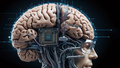 Exploring neural integration brain-computer interface technology digital space infographic futuristic viewpoint