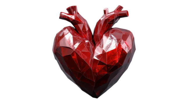 Red crystal heart with transparent background representing love and health