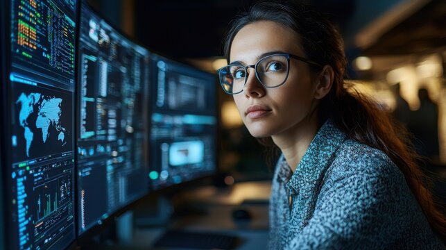 A woman with glasses focused on a computer screen highlighting ai-enhanced bandwidth management and digital solutions