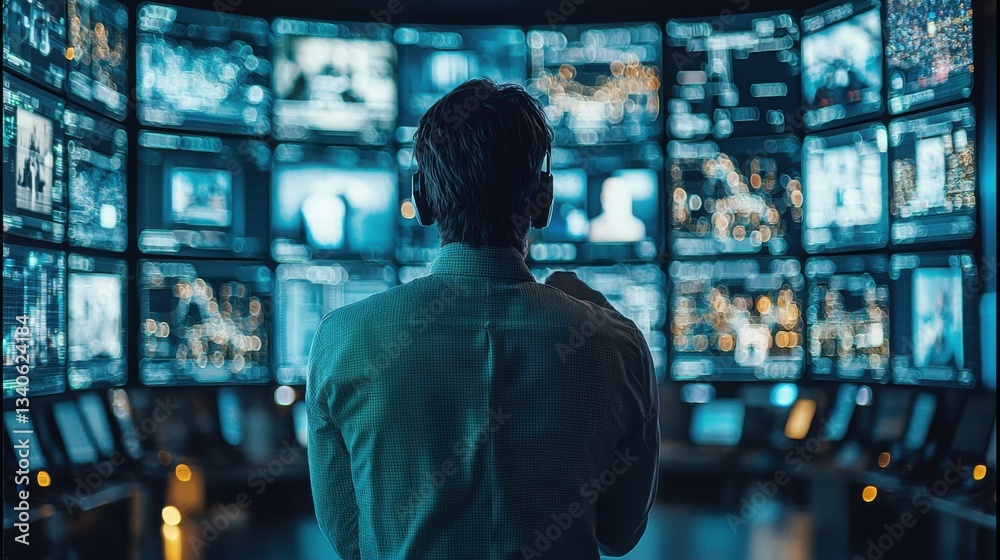Poster professional man analyzing data on multiple television screens in a high-tech environment for cybers