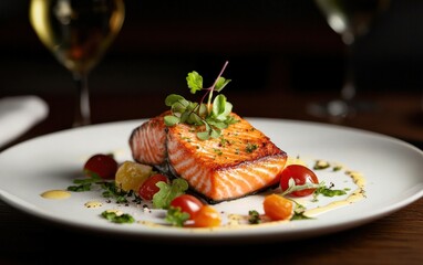Seared Salmon Fillet With Cherry Tomatoes and Herbs on White Plate