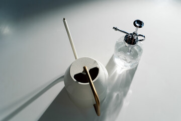 Top view of metal white watering can and glass sprayer in retro style for taking care for...