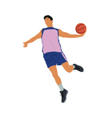 Basketball player with ball in hand jumping up. Strong man athlete in action during shooting, playing sports game. Professional sportsman. Vector  illustration isolated, transparent background.