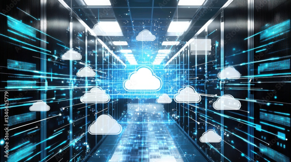 Poster modern server with cloud computing icon signifying advanced ai-powered solutions for efficient data 