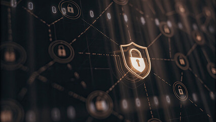 Close-up of a glowing shield icon on a digital screen, symbolizing cybersecurity and protection, with binary code and network connections in the background. Digital security and data protection