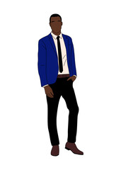 Modern black business man standing. Stylish african american guy in smart casual outfit. Vector simple outline stylized colorful illustration Isolated on transparent background.