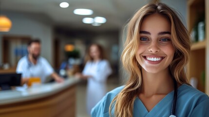 Fototapeta premium Woman in a blue scrubs is smiling at the camera. She is a nurse and is standing in a hospital room