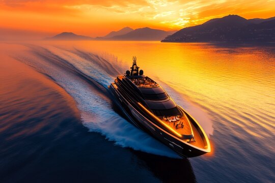 A luxury yacht owned by the mafia, with members enjoying a party, smoking cigars, and sipping champagne under the sunset