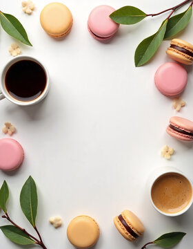 AI generation of coffee and macaroons an white background. Tasty dessert for breakfast. Frame for your text.
