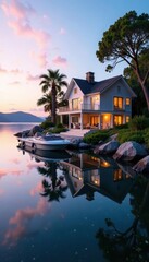 Fototapeta premium Immaculate waterfront estate, private dock, serene setting, Fort Lauderdale, panorama