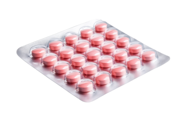 Box of pink pills with a plastic wrapper, isolated