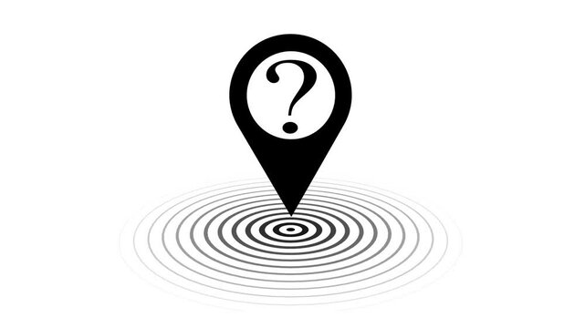 GPS location pointer with question icon with radio wave signal animated on a white background.