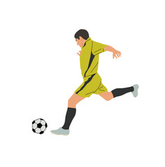 Soccer player, sports man football player with ball in action. Male Cartoon character isolated vector illustration on transparent background. Guy playing sport game. Professional sportsman.