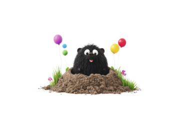 Cartoonish black bear is sitting in a pile of dirt, isolated