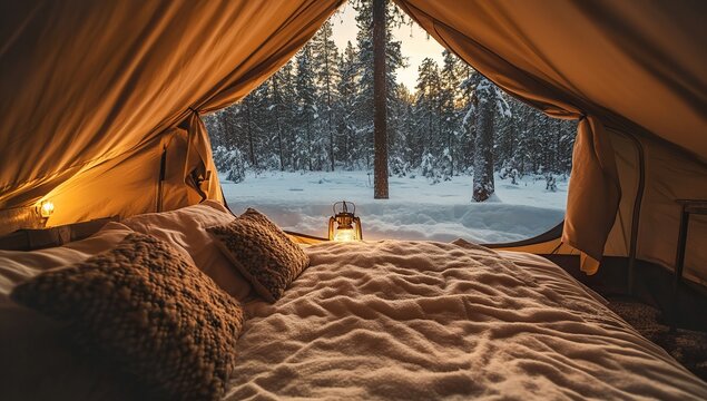 Cozy Tent Interior with Bed and Pillows Overlooking Snowy Forest in Winter, Captured During Golden Hour with Warm Tones and Soft Lighting, Creating Serene Sleeping Atmosphere Amidst Snow-Covered Groun