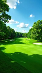 Lush green golf course fairway, perfectly manicured , sand, vibrant