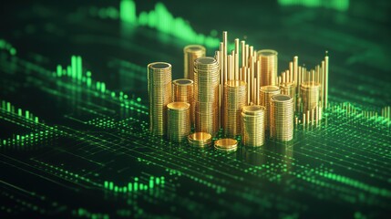 Obraz premium Golden Coin Stacks on Digital Background: Financial Growth and Investment Visual
