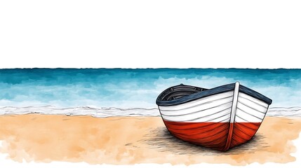 Obraz premium Serene Seascape with Red and White Boat Resting on Sandy Shore Artistic Tranquil Illustration