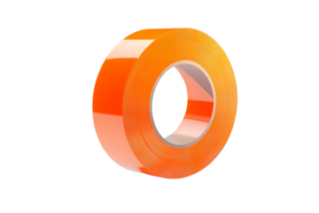 Roll of orange tape is shown on a white background, isolated