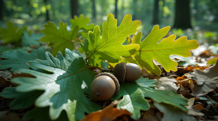 Acorns Resting on Oak Leaves in Forest Sunlight Nature Scene