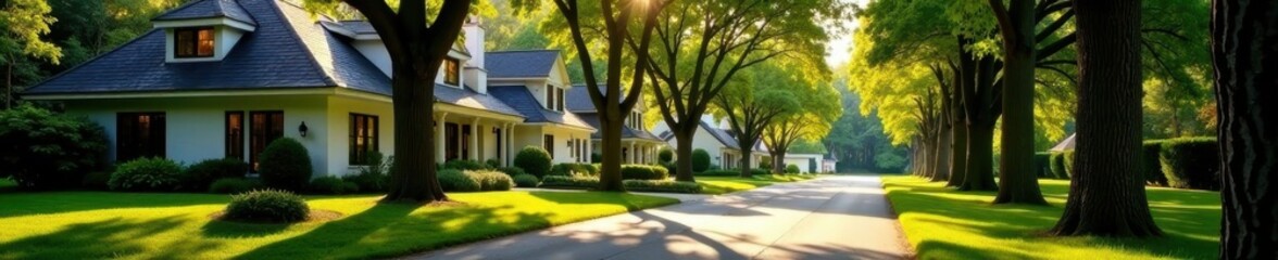 Luxury homes along a tree-lined, sun-drenched road , prestigious, sunshine